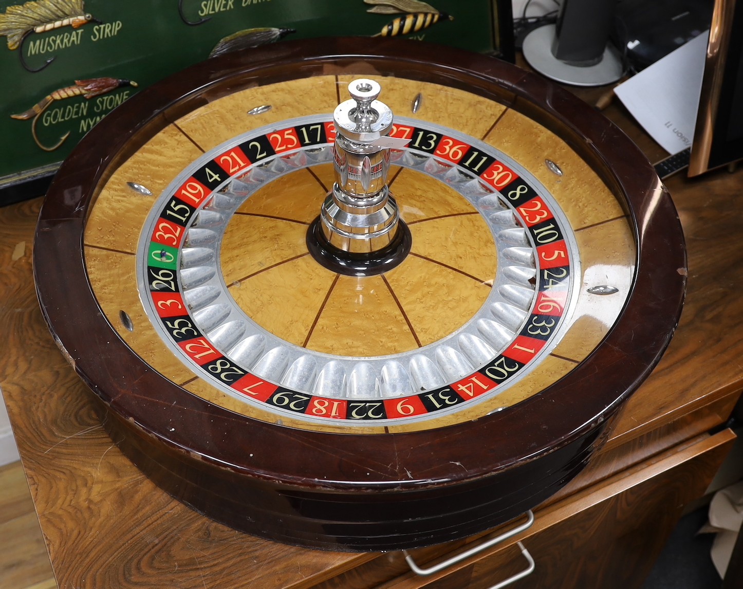 A wood and chrome Technical Casino Supplies roulette wheel, 80 cm diameter, please note this is exceedingly heavy for shipping